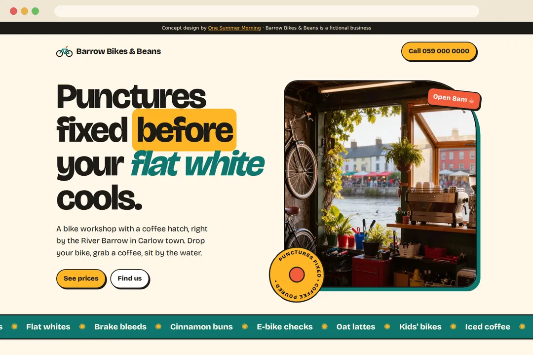 Barrow Bikes and Beans concept homepage