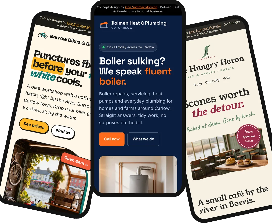 Three homepages designed by One Summer Morning, shown on phones